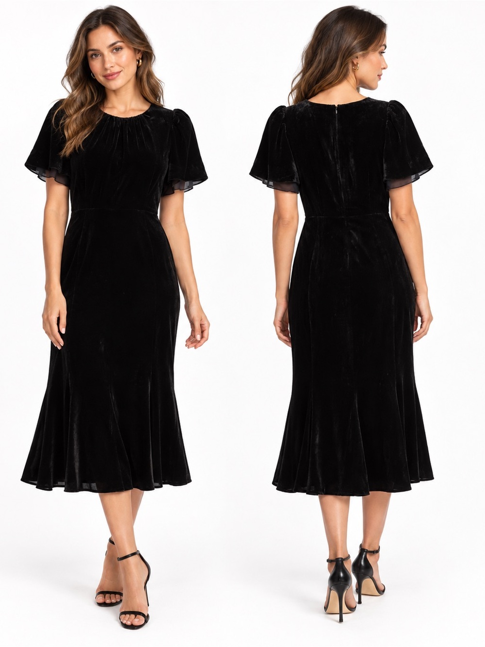 RHODE Black Velvet Midi Dress Size 10 Flutter Sleeve Elegant dress
